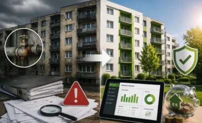 Porovnanie zanedbaného a modernizovaného bytového domu ako symbol finančnej záchrany, transparentnej správy a technologickej obnovy.