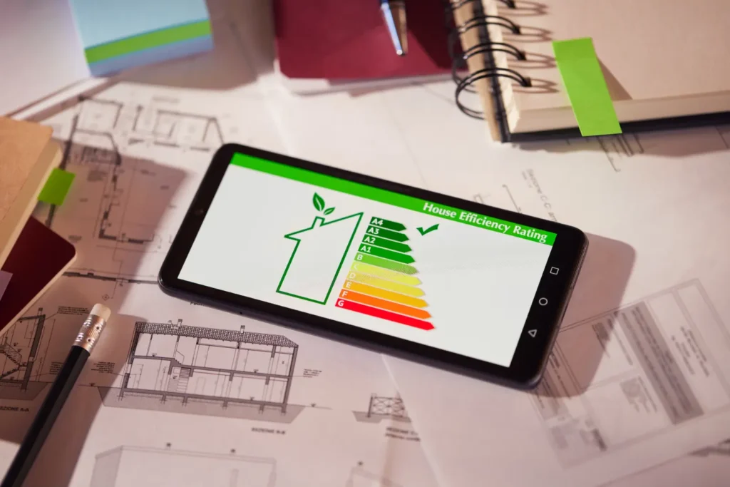 Tablet s hodnotením energetickej efektívnosti domu na technických výkresoch ako symbol úspor a modernizácie bytového domu.