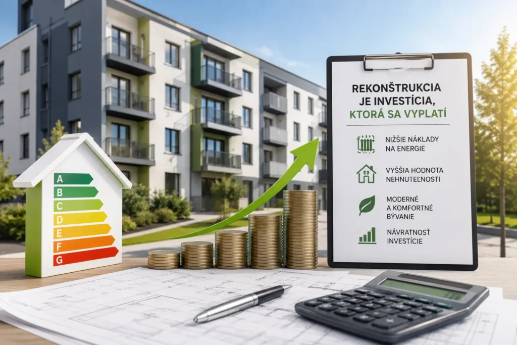 Rekonštrukcia bytového domu ako investícia do nižších nákladov na energie, vyššej hodnoty nehnuteľnosti a modernejšieho bývania.